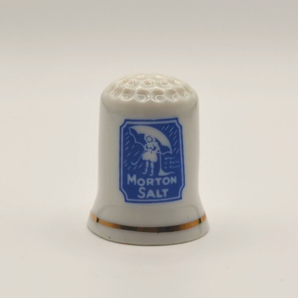 VTG Morton Salt Thimble Porcelain Gold Trim When It Rains It Pours 80s 90s